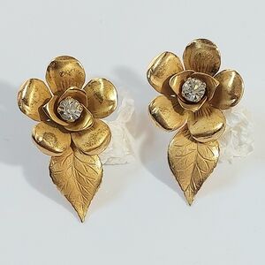 Vintage Gold and CZ Coro Screw On Flowers Earrings.